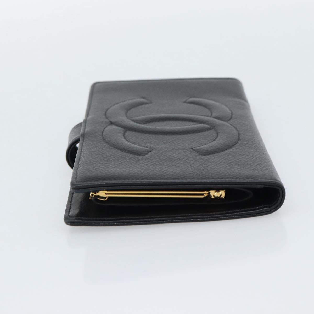 CHANEL COCO Mark Long Wallet Caviar Skin Black Gold CC Auth 191387V