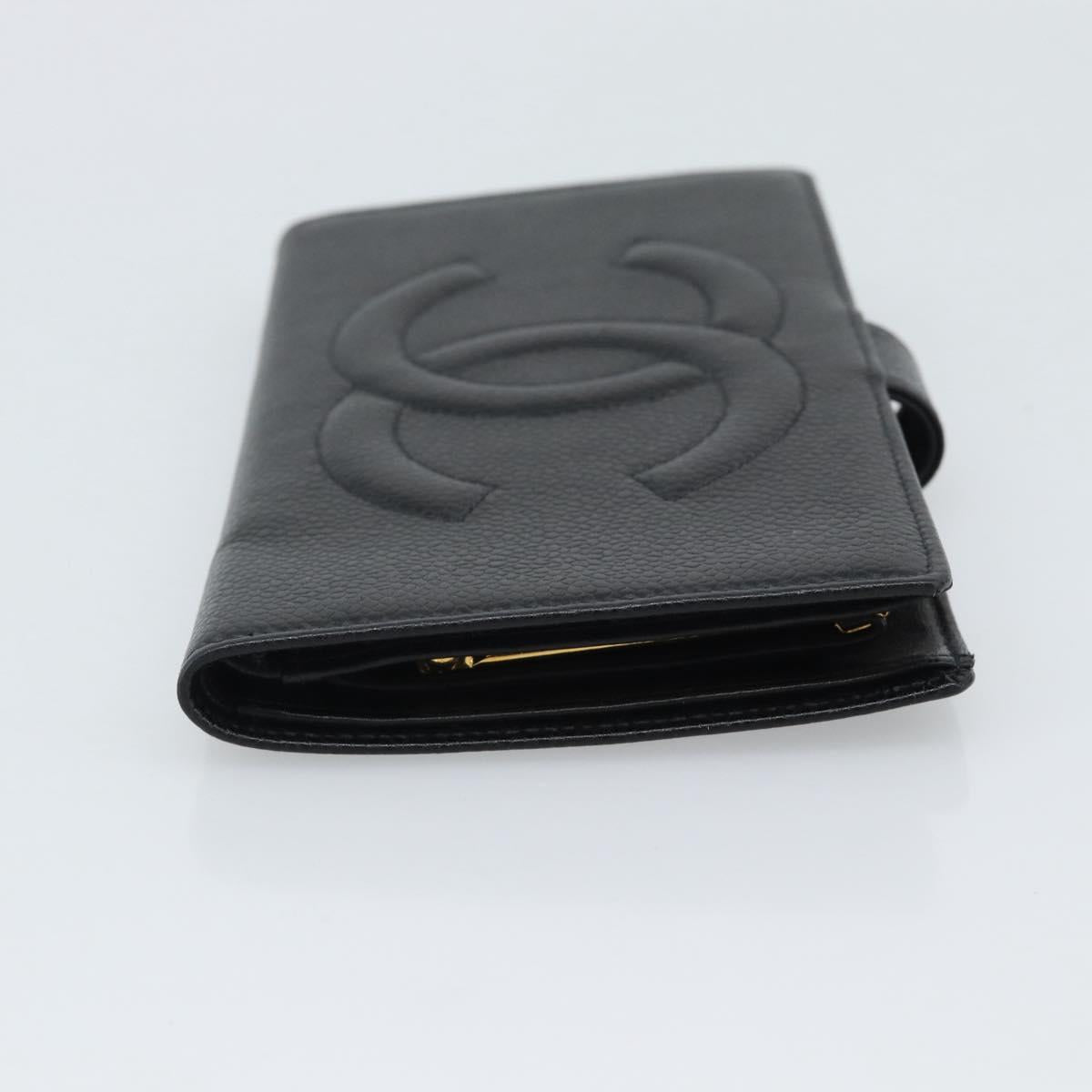 CHANEL COCO Mark Long Wallet Caviar Skin Black Gold CC Auth 191387V