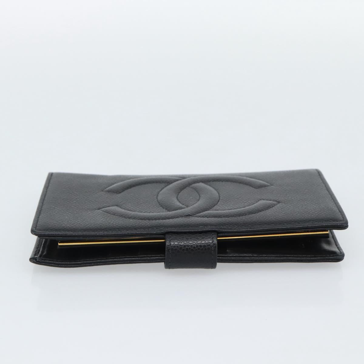 CHANEL COCO Mark Long Wallet Caviar Skin Black Gold CC Auth 191387V