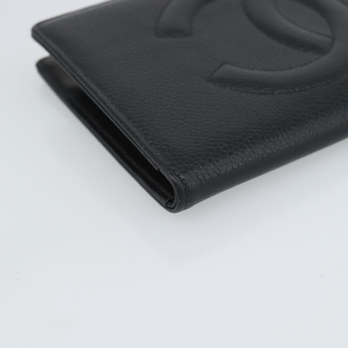 CHANEL COCO Mark Long Wallet Caviar Skin Black Gold CC Auth 191387V