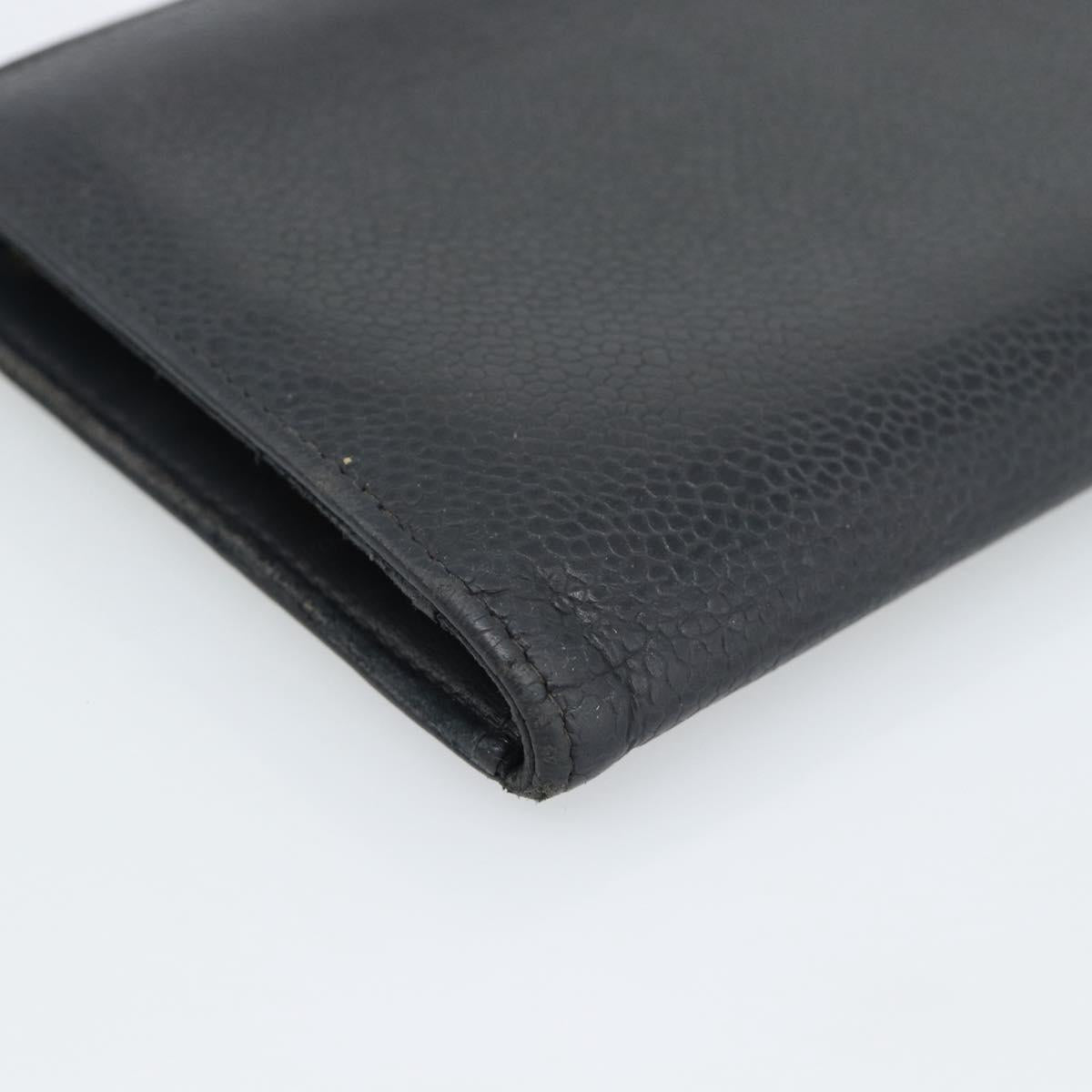 CHANEL COCO Mark Long Wallet Caviar Skin Black Gold CC Auth 191388