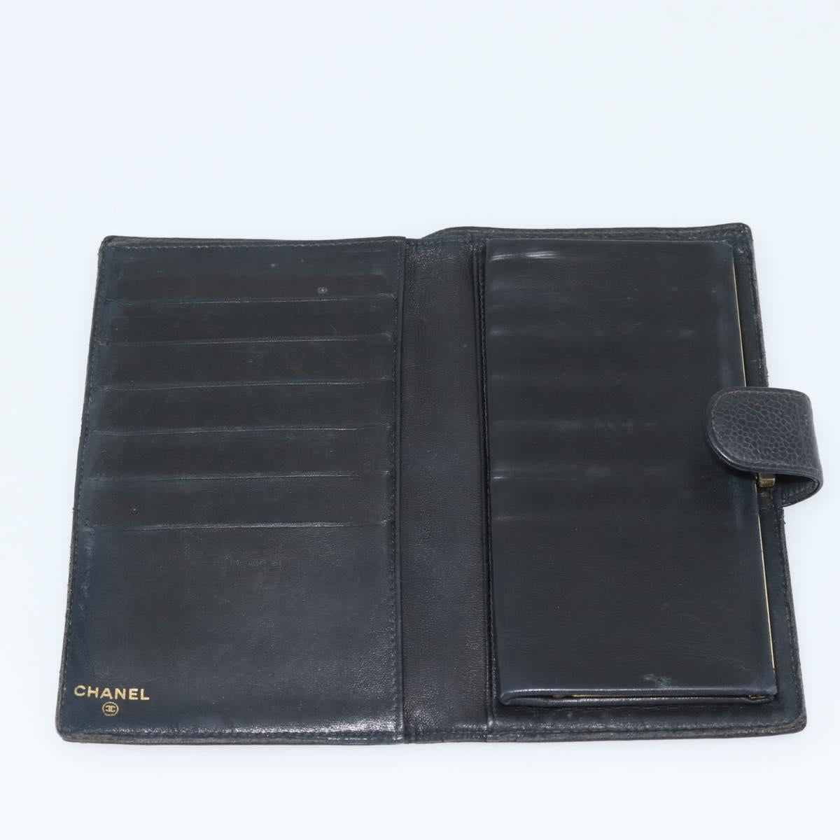 CHANEL COCO Mark Long Wallet Caviar Skin Black Gold CC Auth 191388