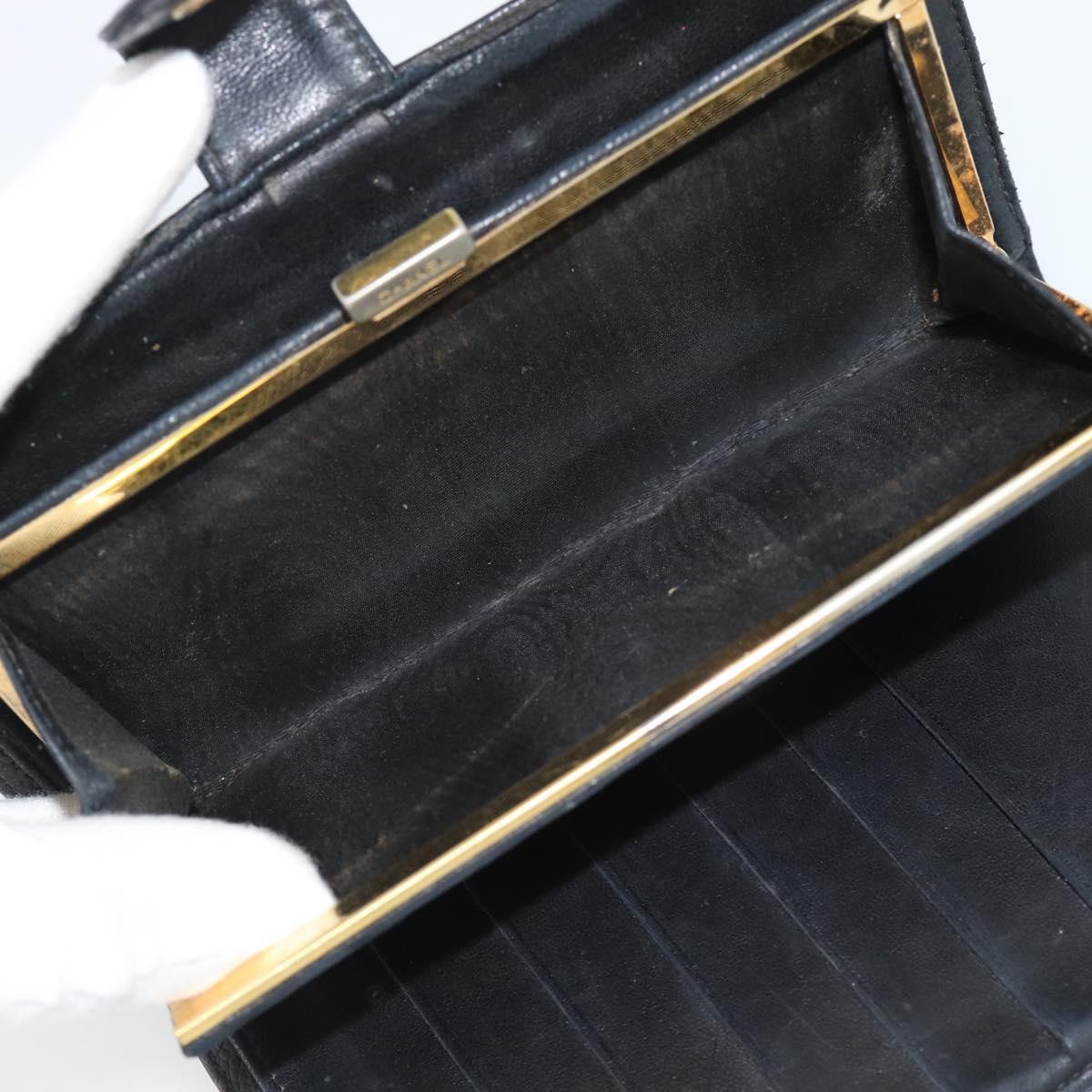 CHANEL COCO Mark Long Wallet Caviar Skin Black Gold CC Auth 191388