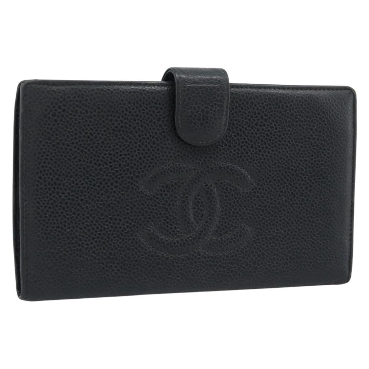 CHANEL COCO Mark Long Wallet Caviar Skin Black Gold CC Auth 191388