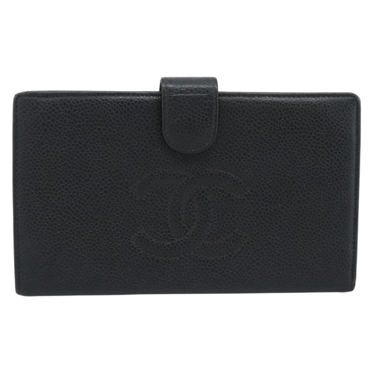 CHANEL COCO Mark Long Wallet Caviar Skin Black Gold CC Auth 191388