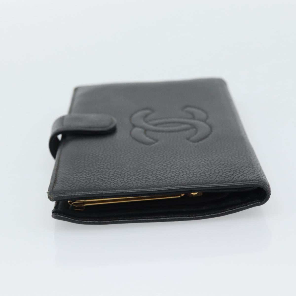 CHANEL COCO Mark Long Wallet Caviar Skin Black Gold CC Auth 191388