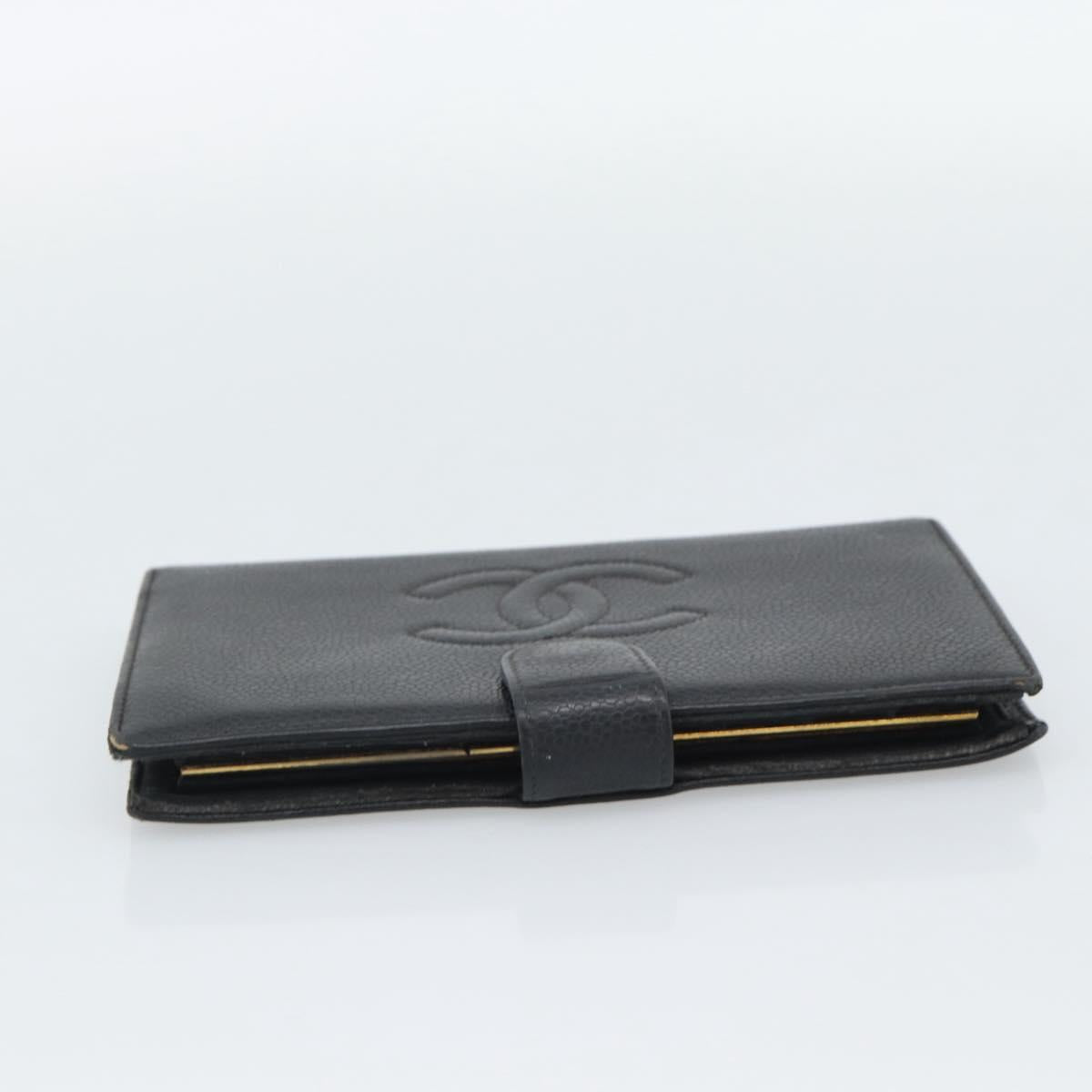 CHANEL COCO Mark Long Wallet Caviar Skin Black Gold CC Auth 191388