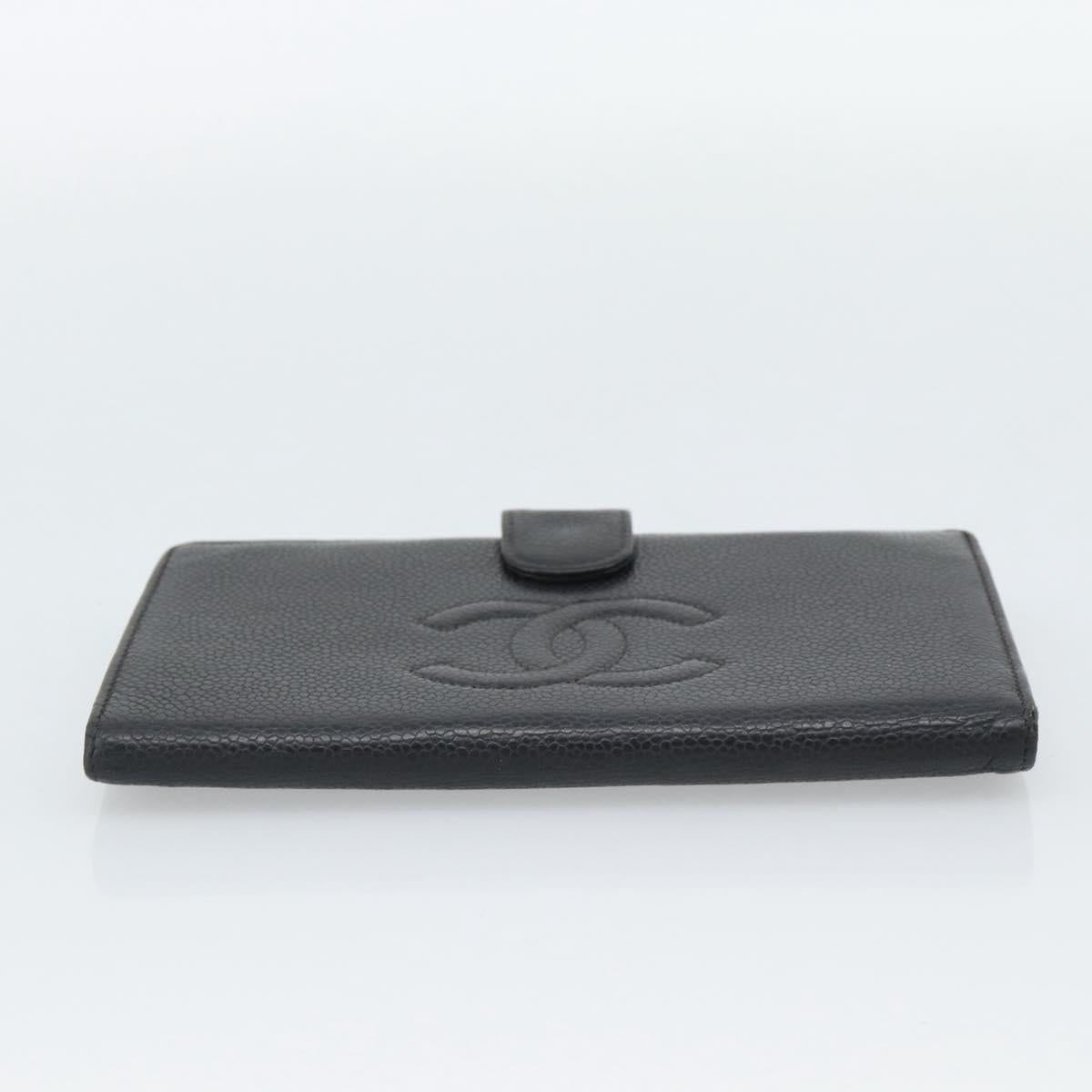 CHANEL COCO Mark Long Wallet Caviar Skin Black Gold CC Auth 191388