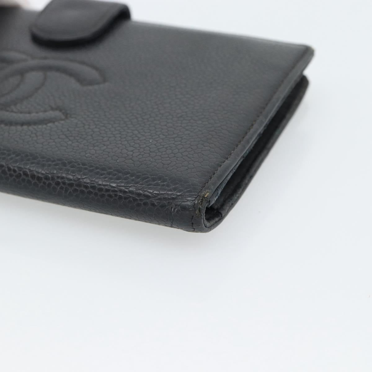 CHANEL COCO Mark Long Wallet Caviar Skin Black Gold CC Auth 191388