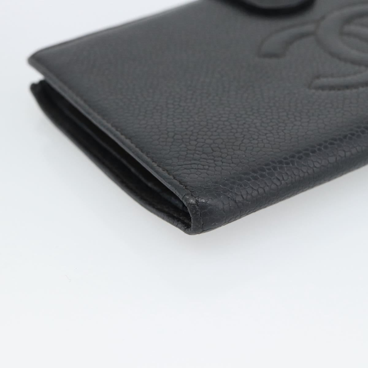 CHANEL COCO Mark Long Wallet Caviar Skin Black Gold CC Auth 191388