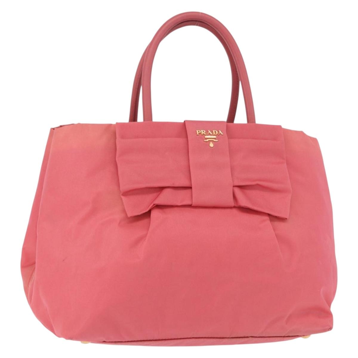 PRADA Ribbon Hand Bag Nylon Pink Gold Auth 191389A