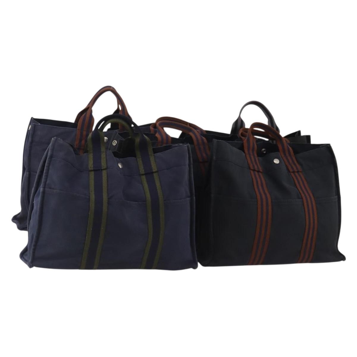 HERMES Fourre Tout MM Hand Bag Canvas 5 Set Navy Black Auth 191437