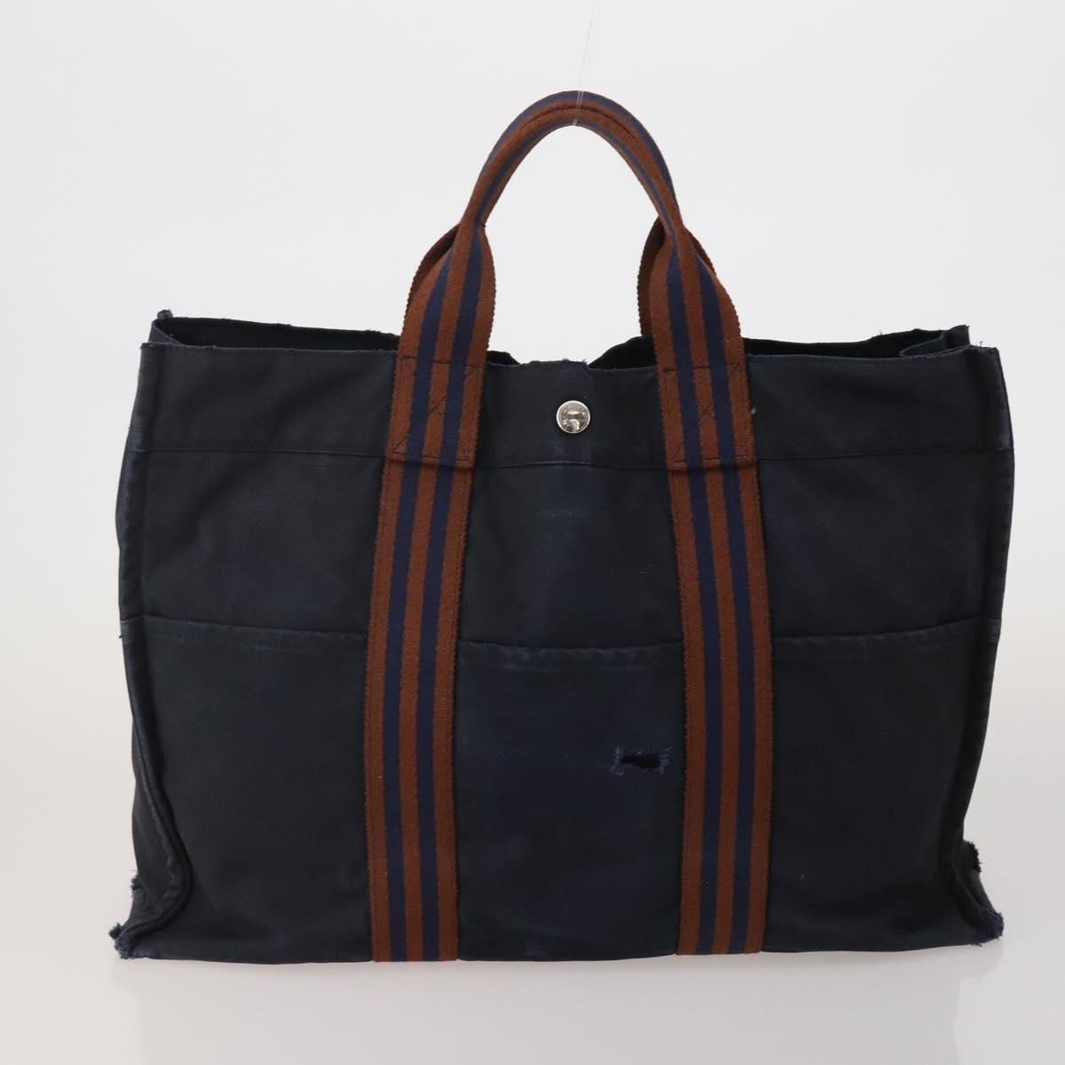 HERMES Fourre Tout MM Hand Bag Canvas 5 Set Navy Black Auth 191437
