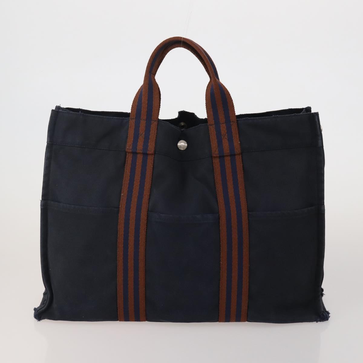 HERMES Fourre Tout MM Hand Bag Canvas 5 Set Navy Black Auth 191437