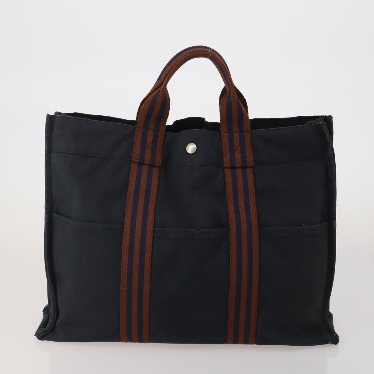 HERMES Fourre Tout MM Hand Bag Canvas 5 Set Navy Black Auth 191437