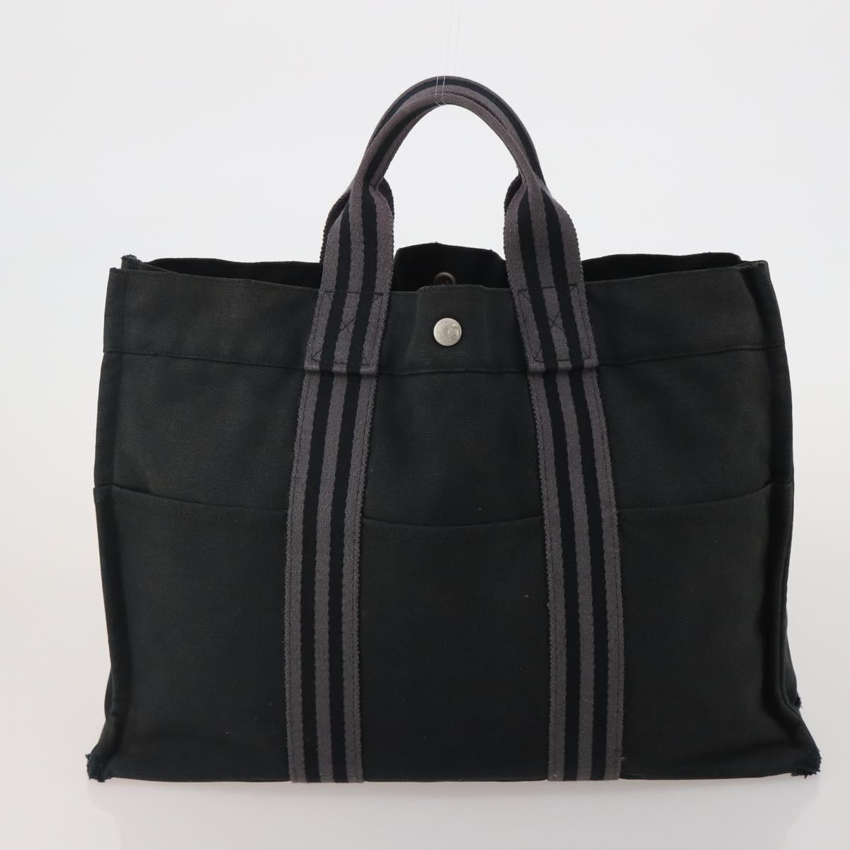 HERMES Fourre Tout MM Hand Bag Canvas 5 Set Navy Black Auth 191437