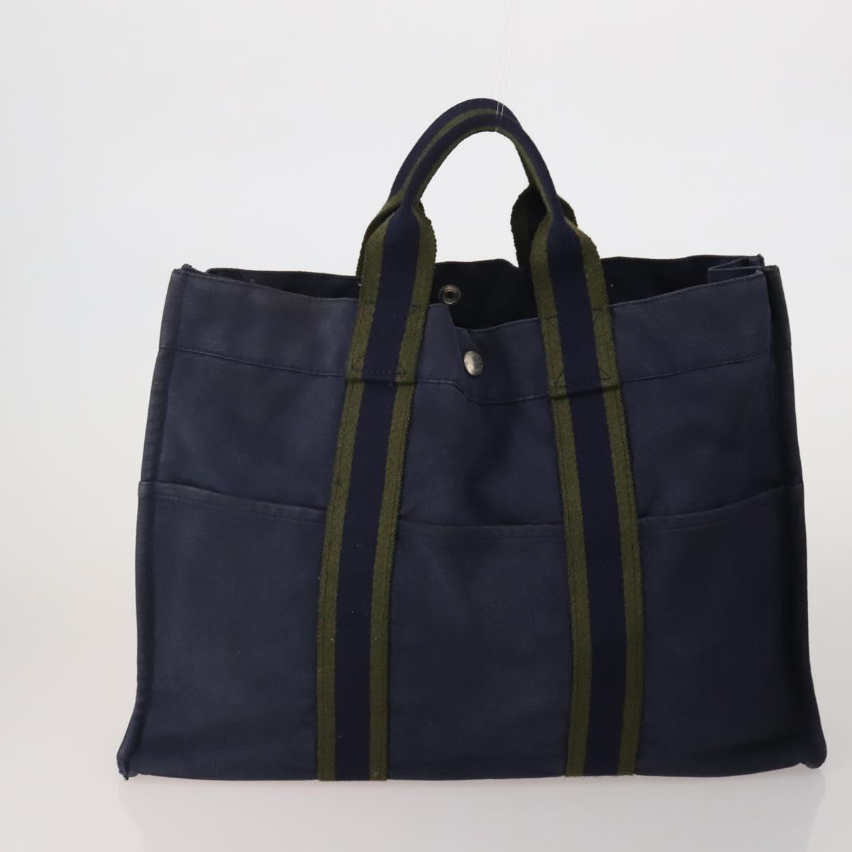 HERMES Fourre Tout MM Hand Bag Canvas 5 Set Navy Black Auth 191437