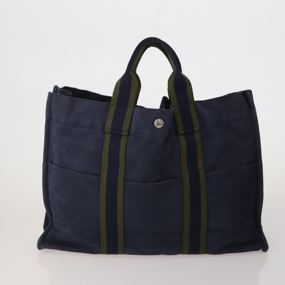 HERMES Fourre Tout MM Hand Bag Canvas 5 Set Navy Black Auth 191437