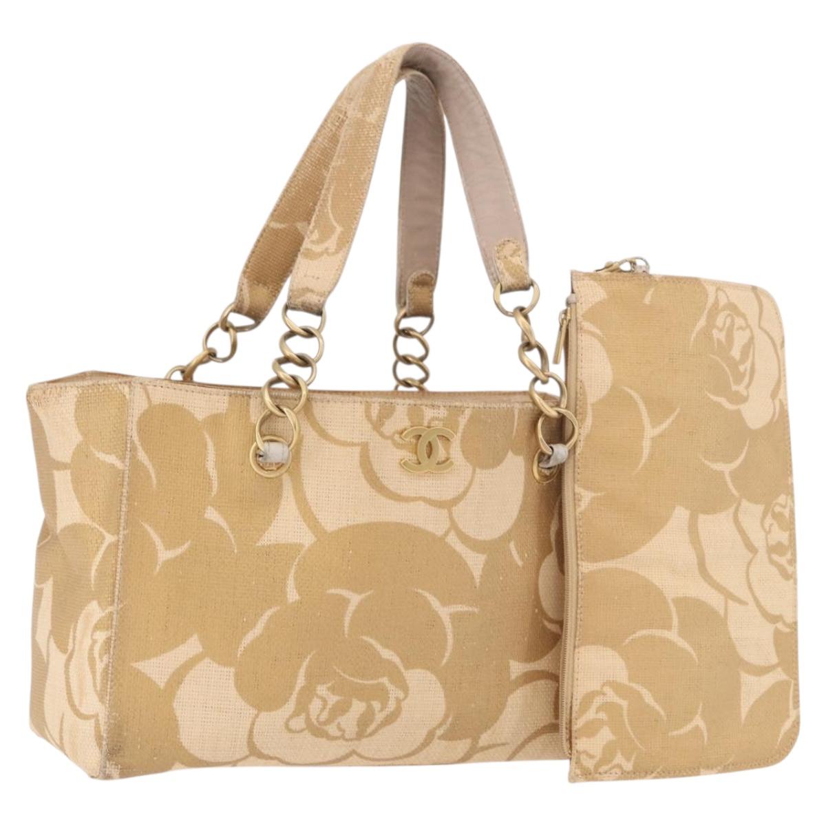 CHANEL Chain Shoulder Tote Bag Raffia Beige Gold CC Auth 191448V