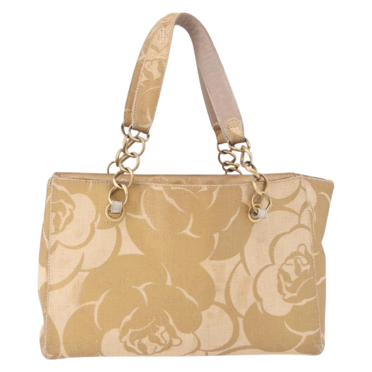 CHANEL Chain Shoulder Tote Bag Raffia Beige Gold CC Auth 191448V
