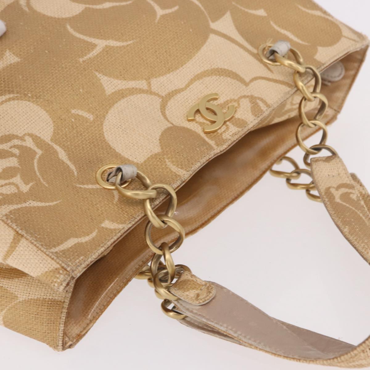 CHANEL Chain Shoulder Tote Bag Raffia Beige Gold CC Auth 191448V