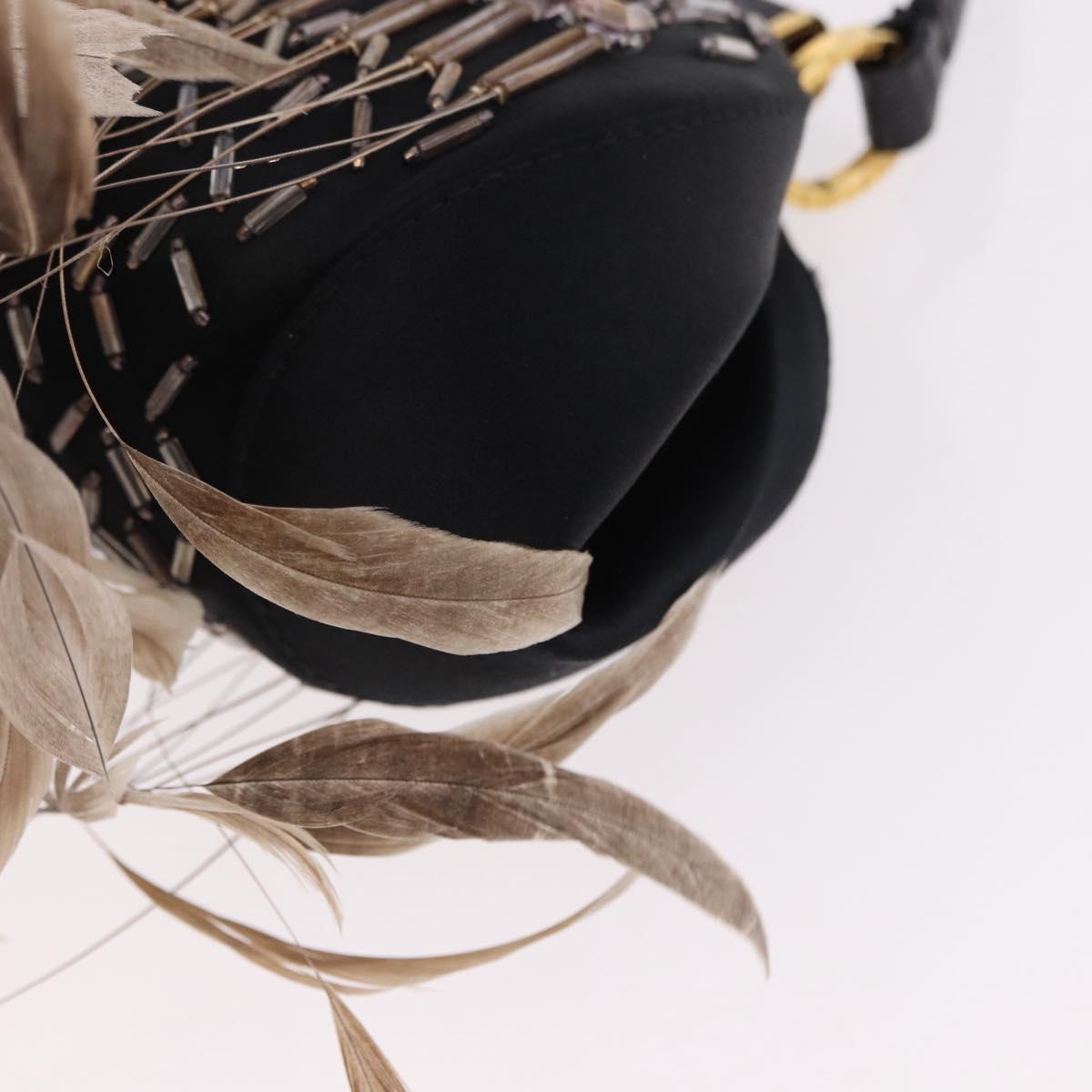 BVLGARI Feather Hand Bag Satin Black Gold Auth 191451SM