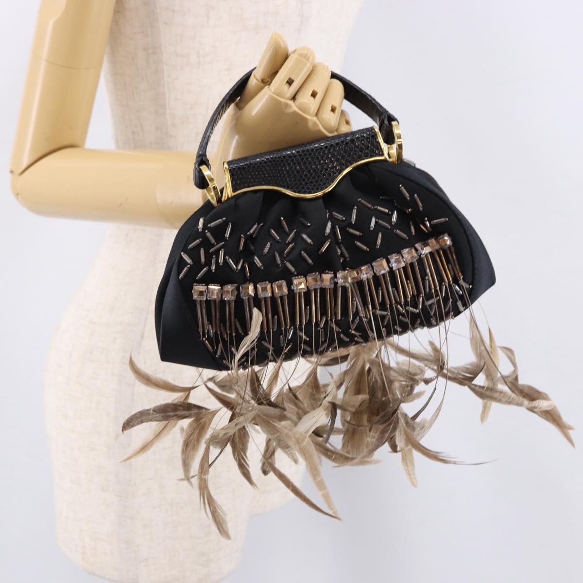 BVLGARI Feather Hand Bag Satin Black Gold Auth 191451SM