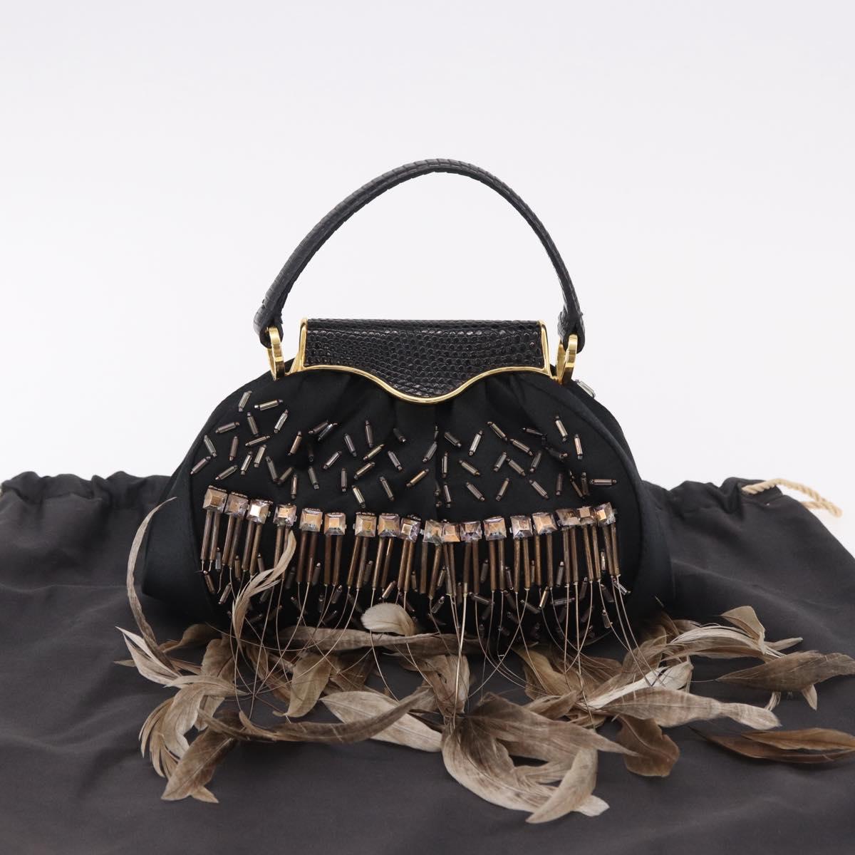 BVLGARI Feather Hand Bag Satin Black Gold Auth 191451SM