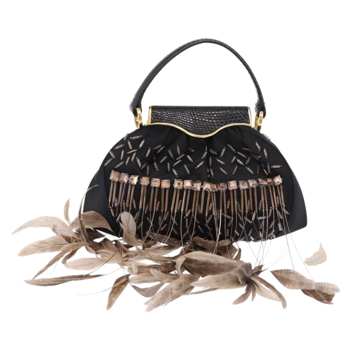 BVLGARI Feather Hand Bag Satin Black Gold Auth 191451SM