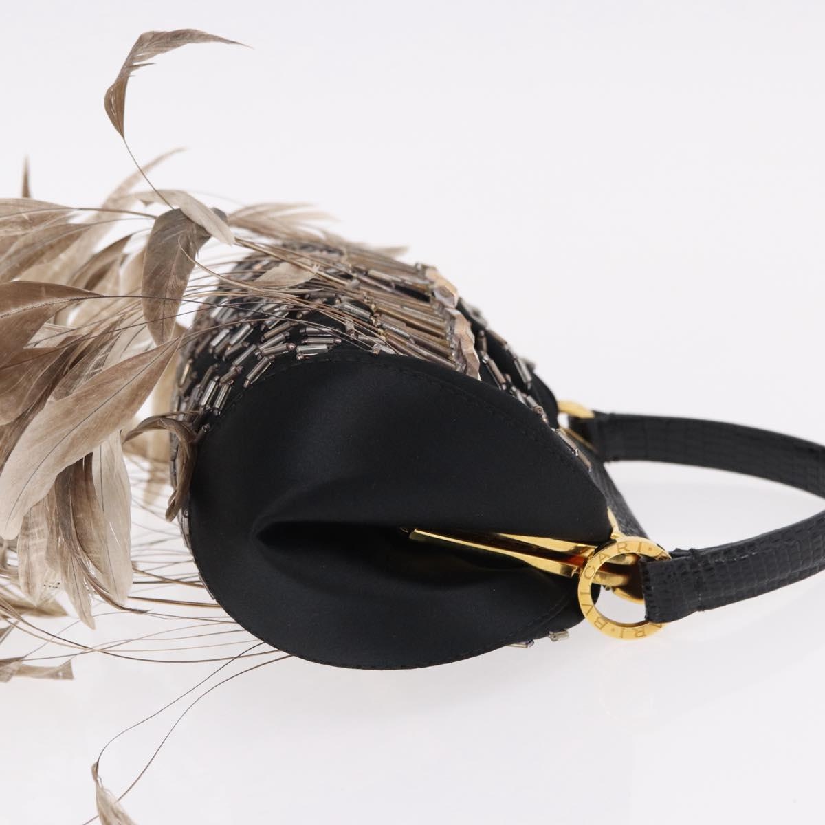 BVLGARI Feather Hand Bag Satin Black Gold Auth 191451SM