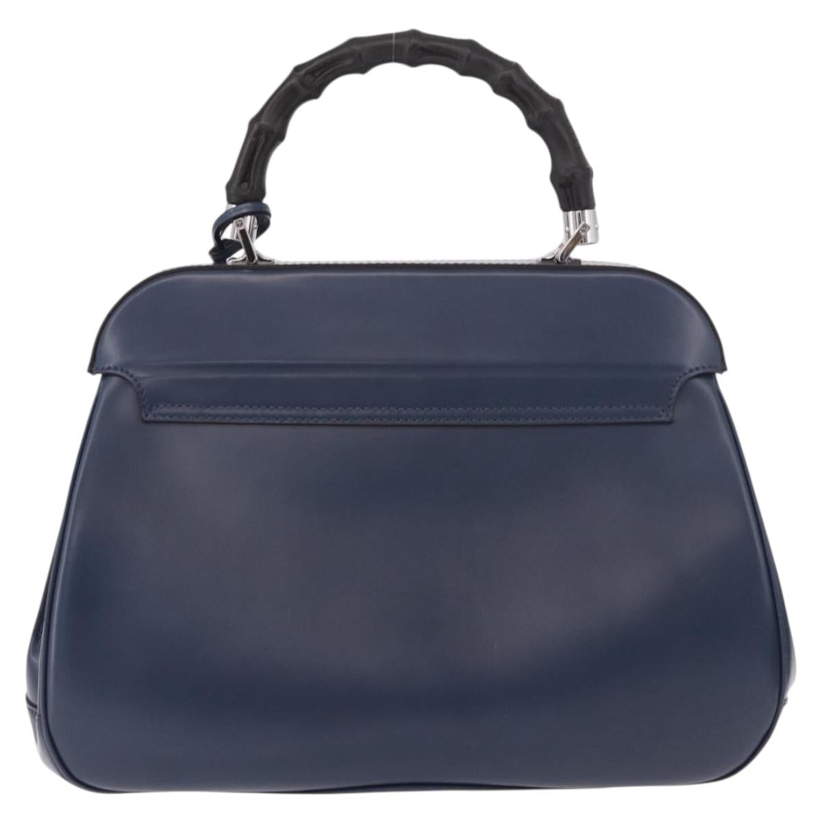 GUCCI Ready Lock Bamboo Hand Bag Leather Navy Silver 331829 Auth 191453V