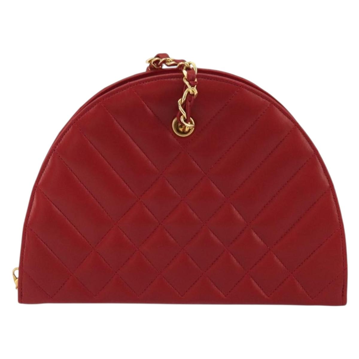 CHANEL Matelasse Chain Shoulder Bag Lamb Skin Red Gold CC Auth 191454V