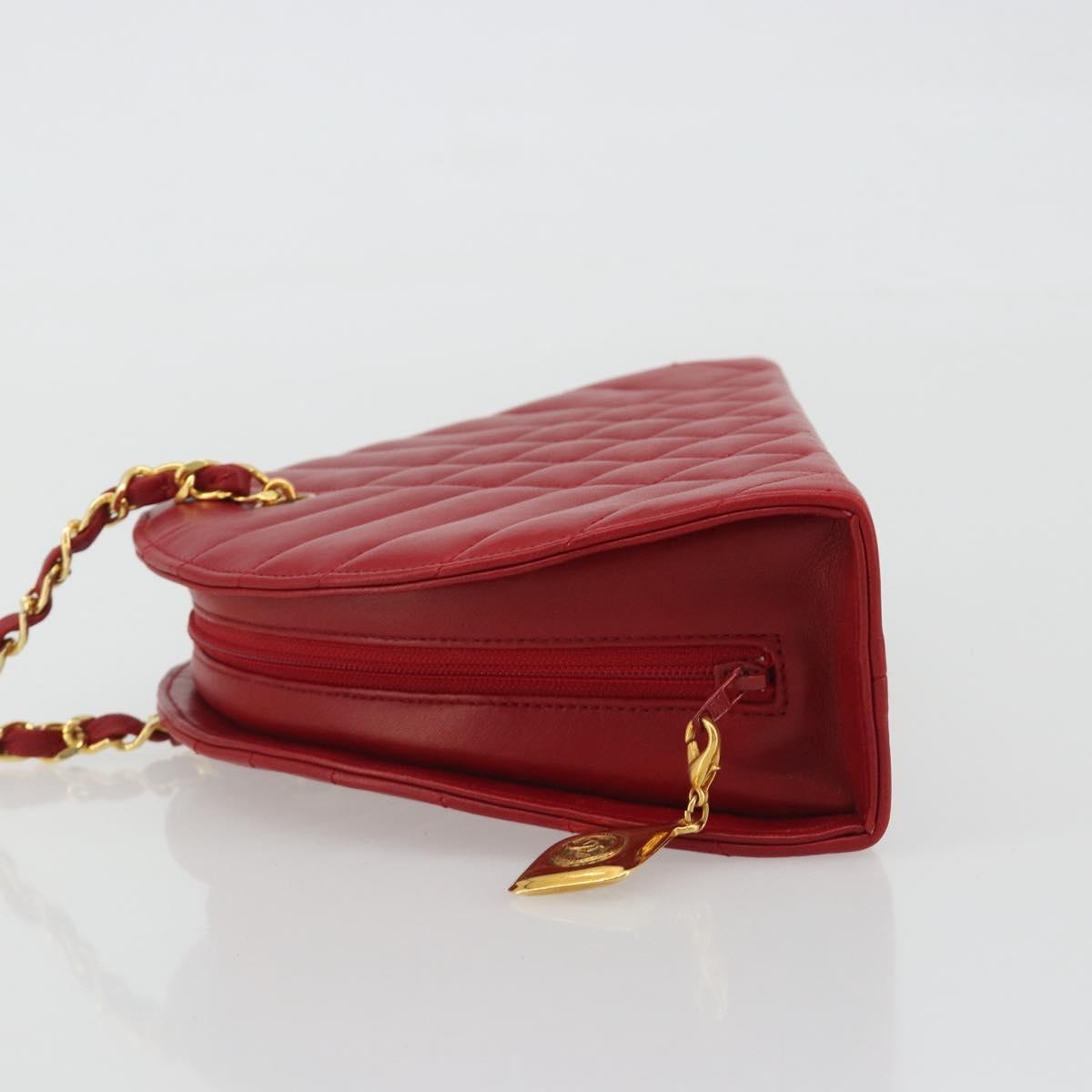CHANEL Matelasse Chain Shoulder Bag Lamb Skin Red Gold CC Auth 191454V