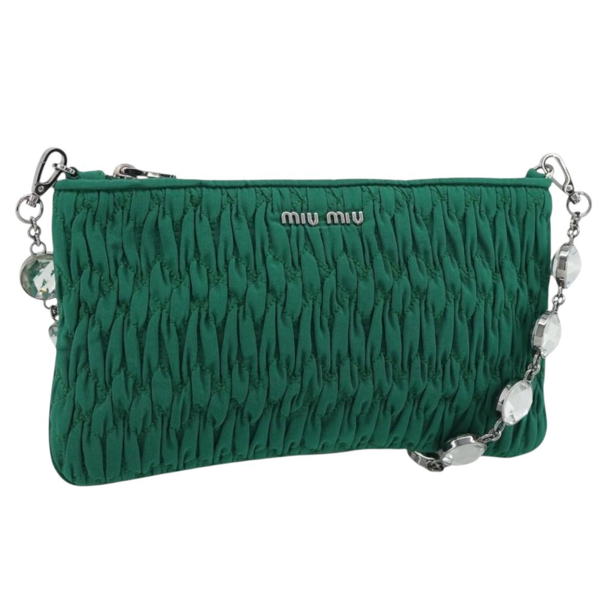Miu Miu Gathered Bijoux Chain Shoulder Bag Canvas Green Silver Auth 191478SM