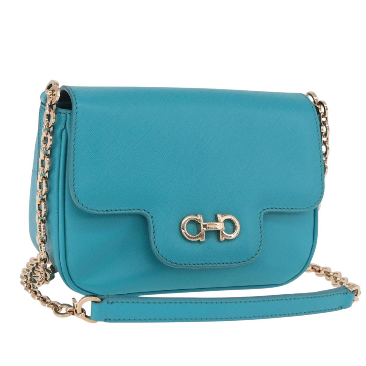 Salvatore Ferragamo Gancini Chain Shoulder Bag Leather Blue Gold Auth 191493A