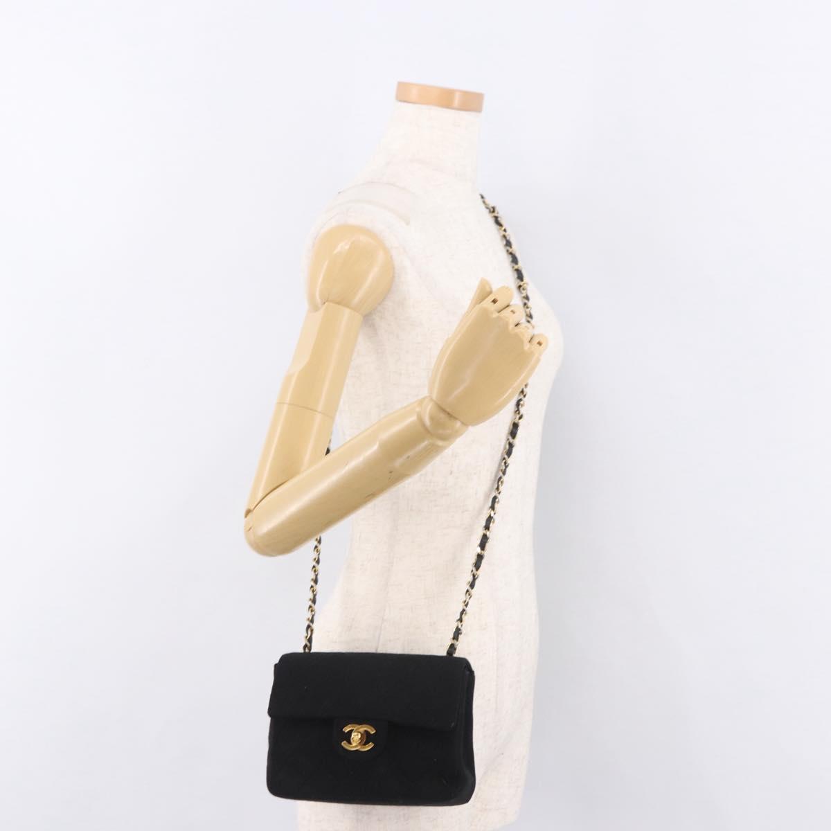 CHANEL Mini Matelasse 17 Chain Shoulder Bag Cotton Black Gold CC Auth 191494A