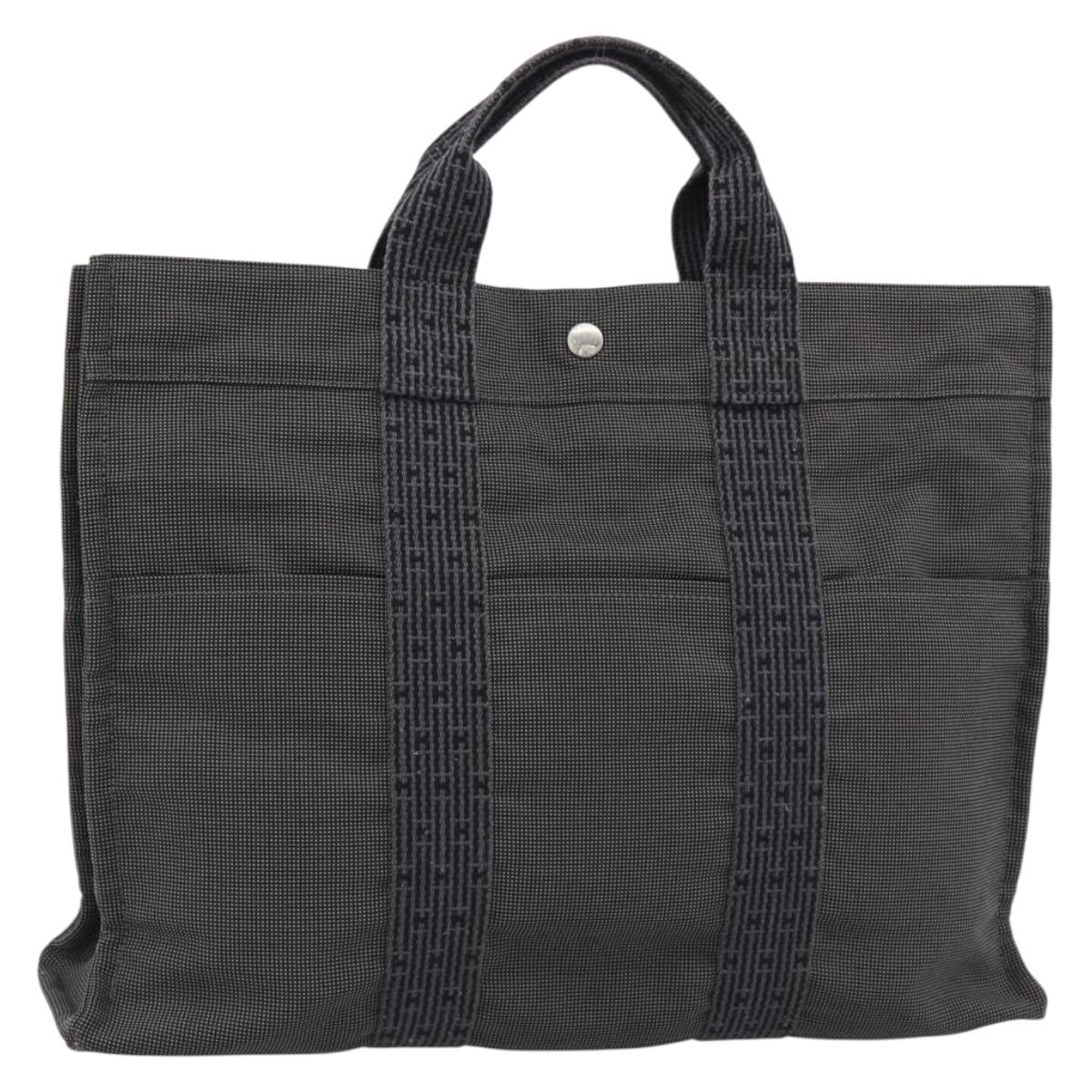 HERMES Her Line MM Hand Bag Canvas Gray Silver Auth 191495A
