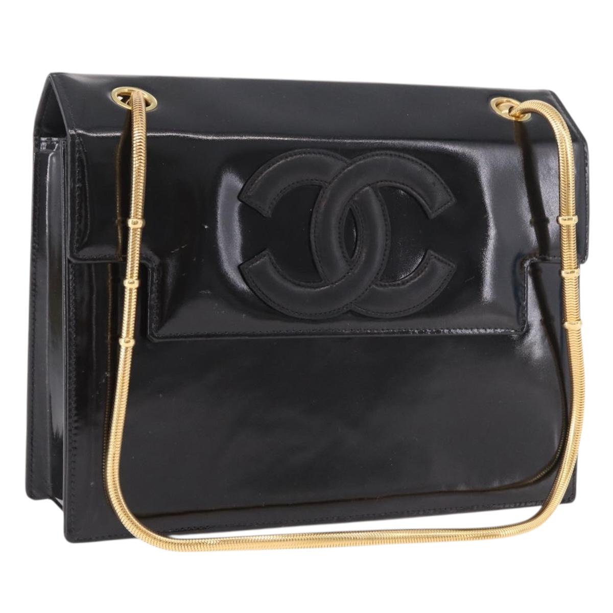 CHANEL COCO Mark Chain Shoulder Bag Patent Black Gold CC Auth 191515A