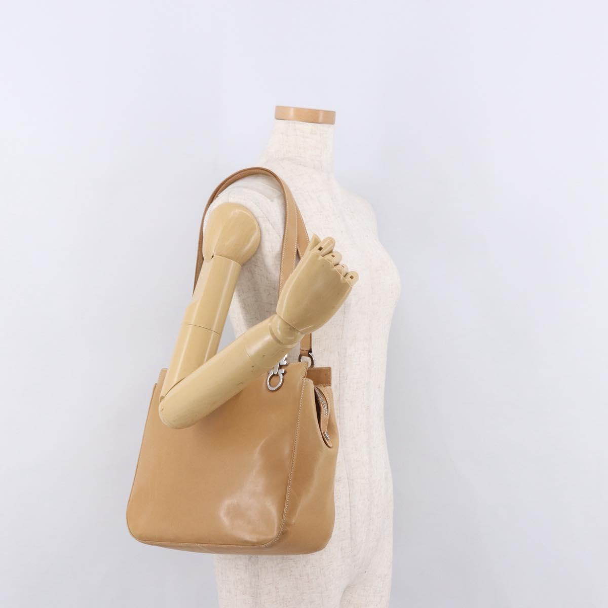 Salvatore Ferragamo Gancini Tote Bag Leather Beige Silver Auth 191526