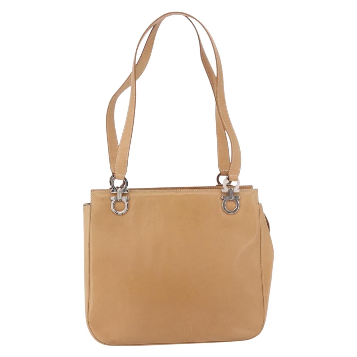 Salvatore Ferragamo Gancini Tote Bag Leather Beige Silver Auth 191526