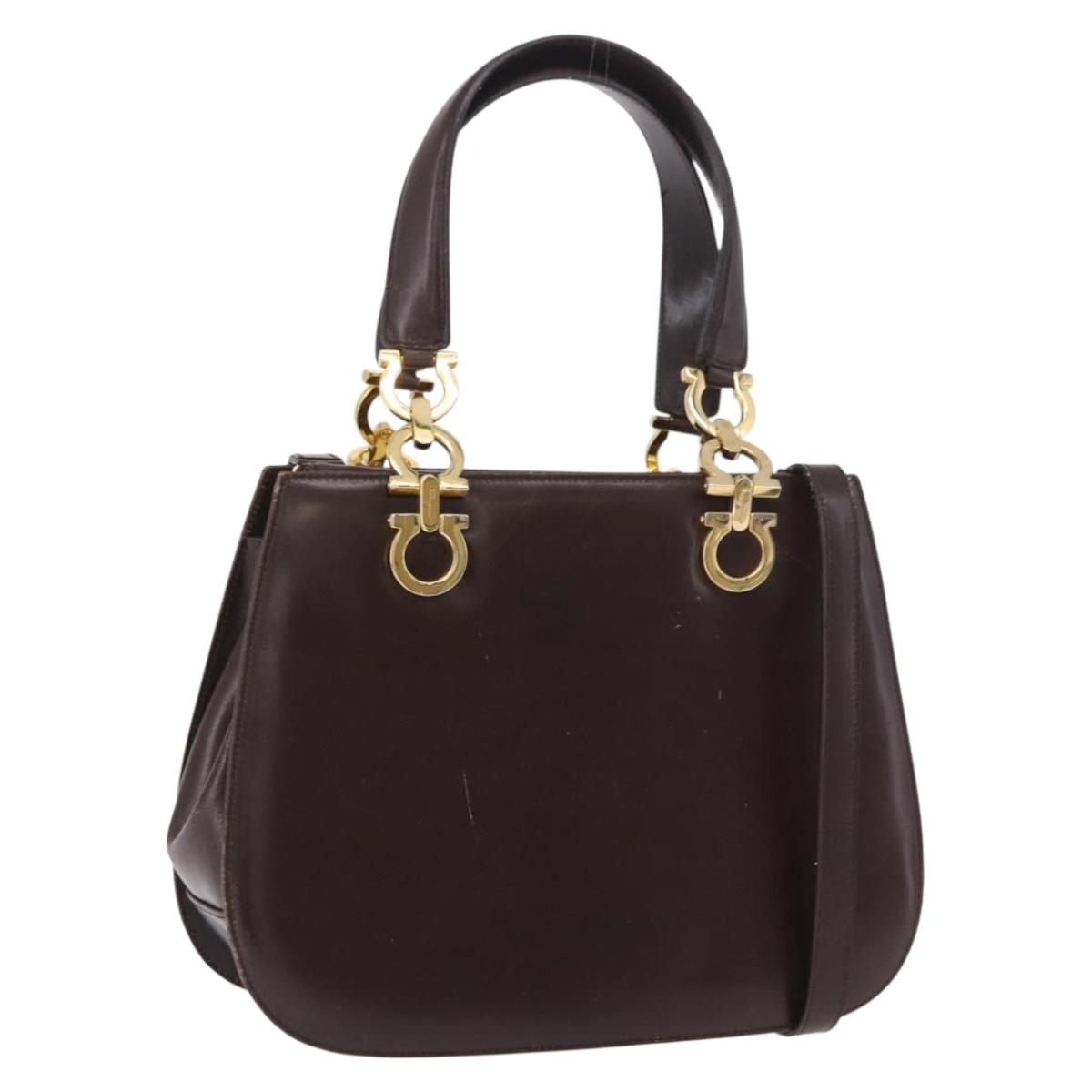 Salvatore Ferragamo Gancini Hand Bag Leather Brown Gold Auth 191557