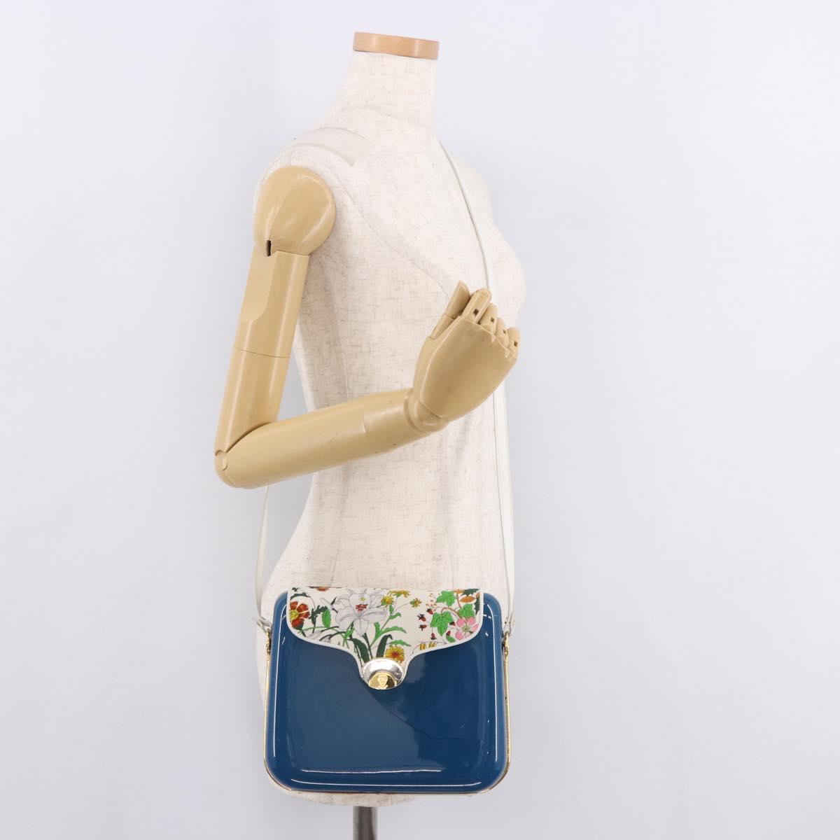 GUCCI Flora Horsebit Shoulder Bag Plastic Blue Gold Auth 191564