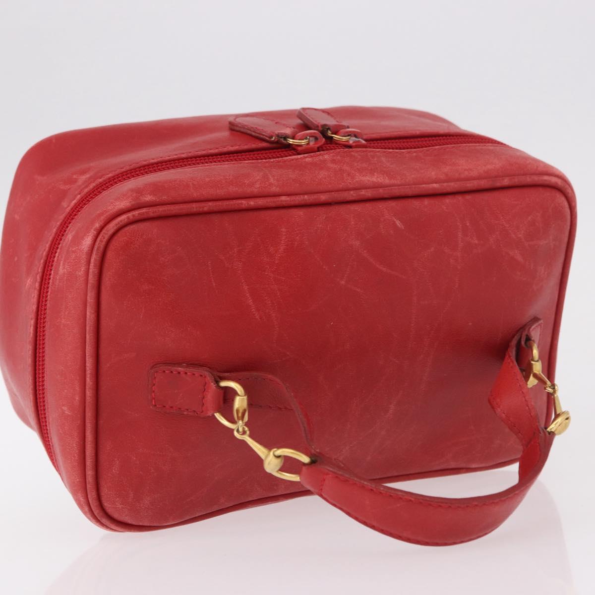 GUCCI Horsebit Vanity Cosmetic Pouch Leather Red Gold Auth 191565