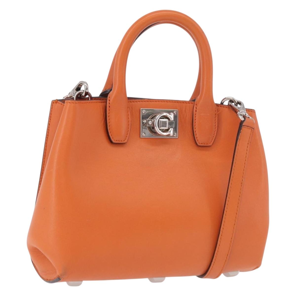 Salvatore Ferragamo Gancini Hand Bag Leather 2way Orange Silver Auth 191599A