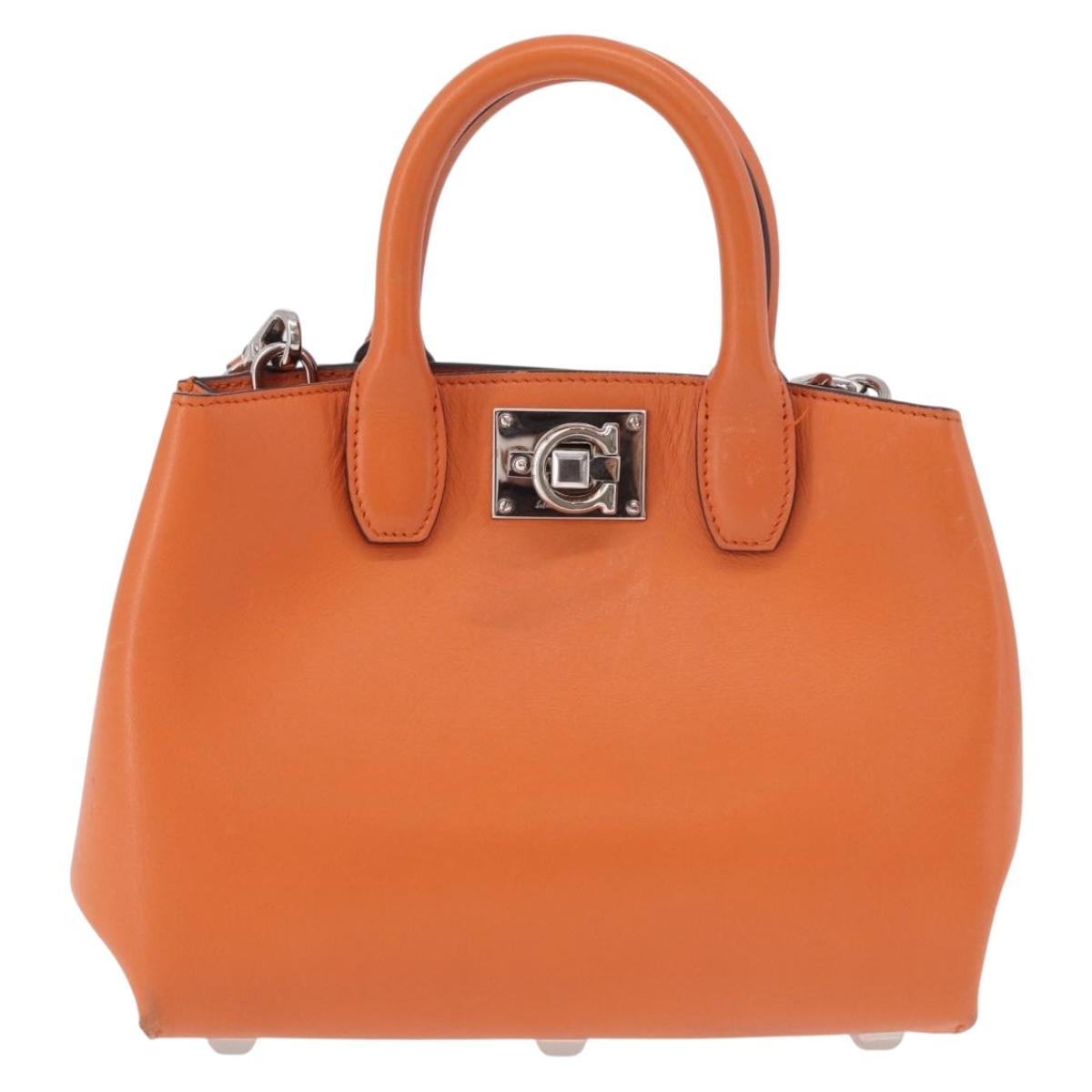 Salvatore Ferragamo Gancini Hand Bag Leather 2way Orange Silver Auth 191599A