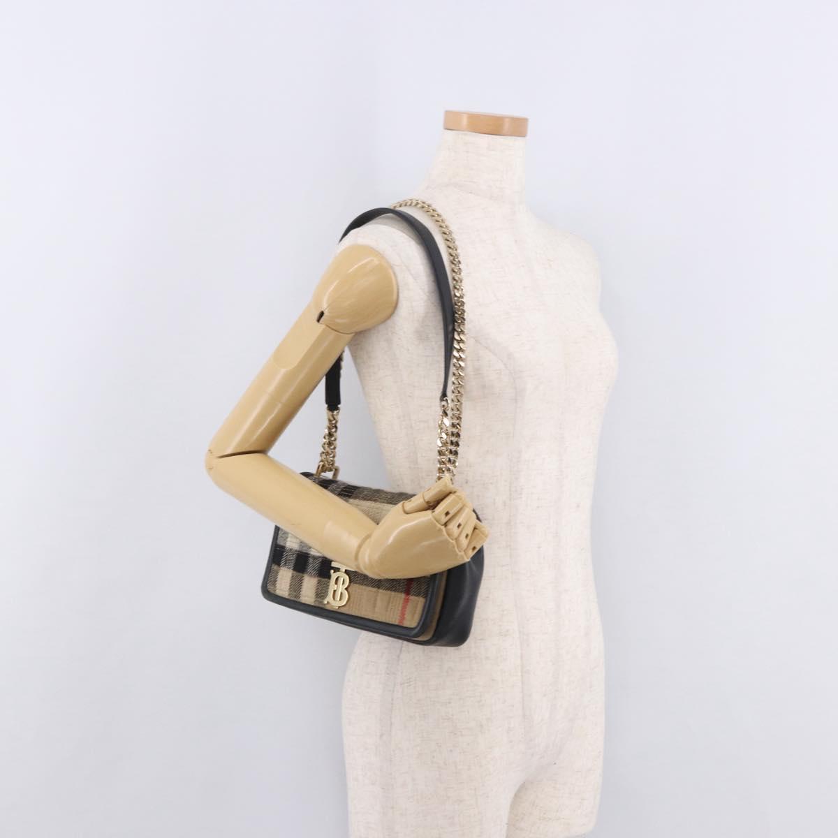 BURBERRY Nova Check Chain Shoulder Bag Cotton Beige Gold Auth 191600A