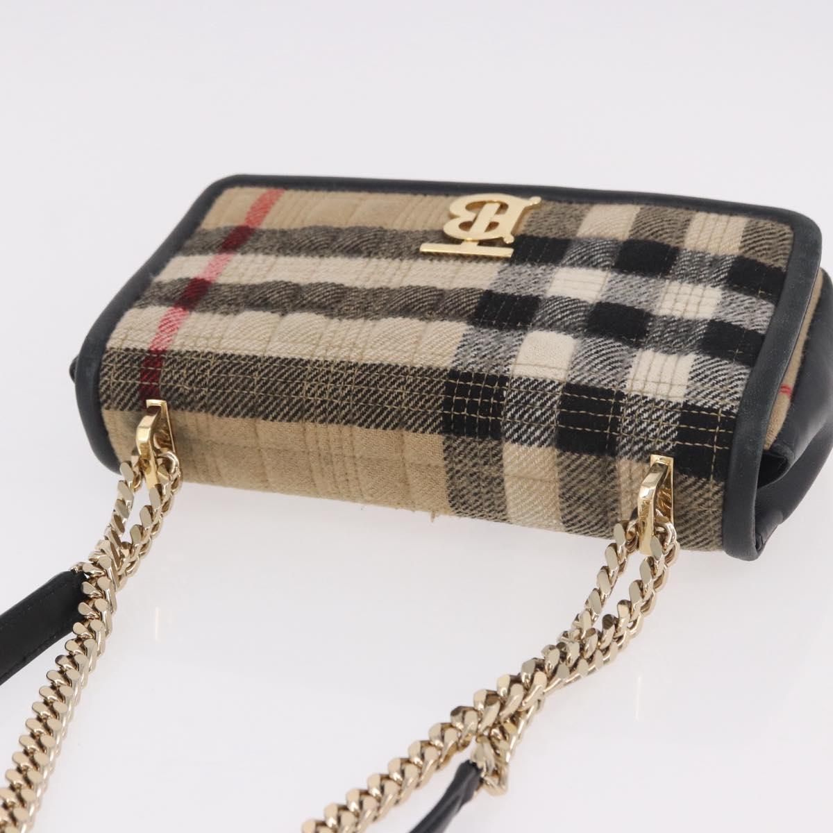 BURBERRY Nova Check Chain Shoulder Bag Cotton Beige Gold Auth 191600A