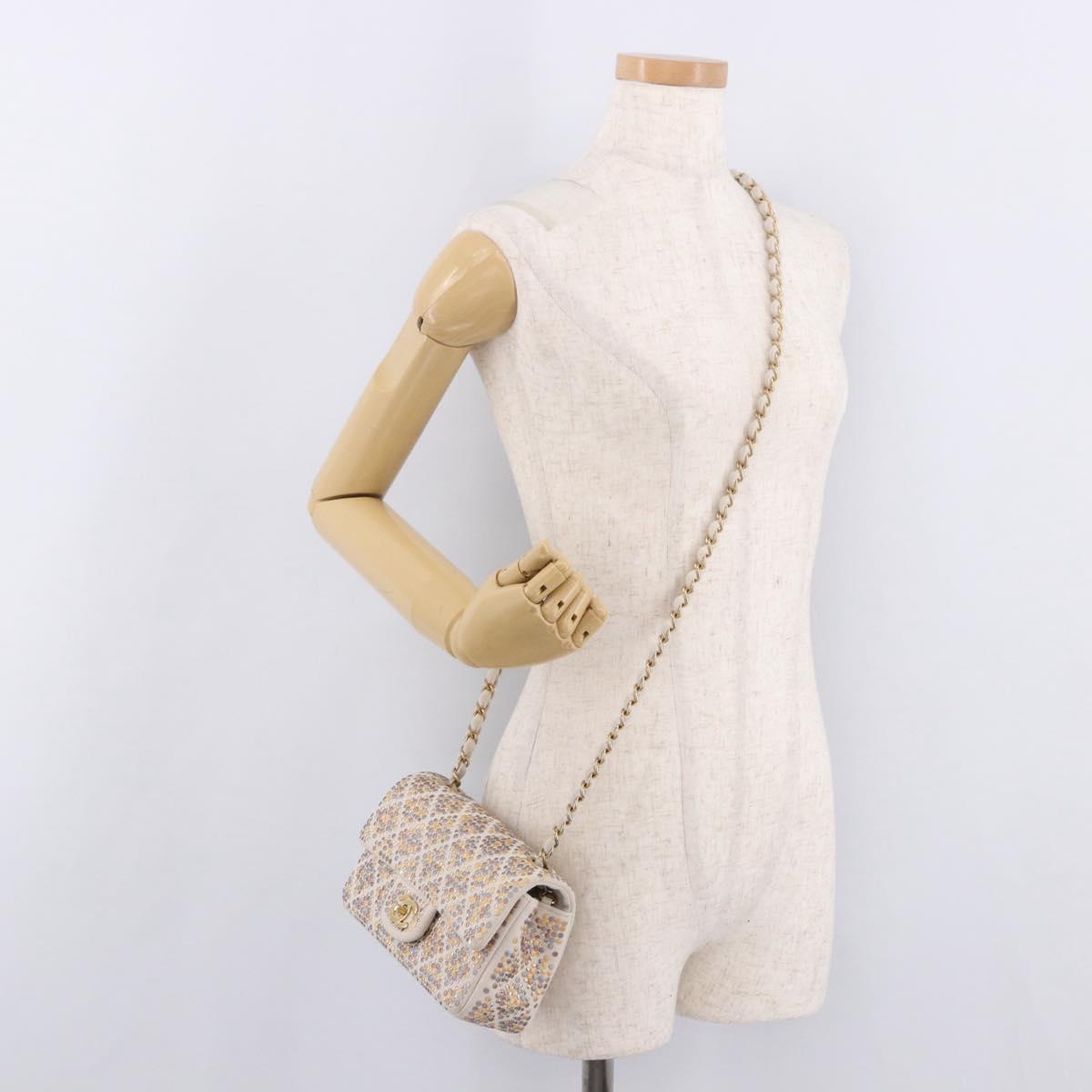 CHANEL Mini Matelasse 20 Chain Shoulder Bag Leather Ivory Gold CC Auth 191613SM