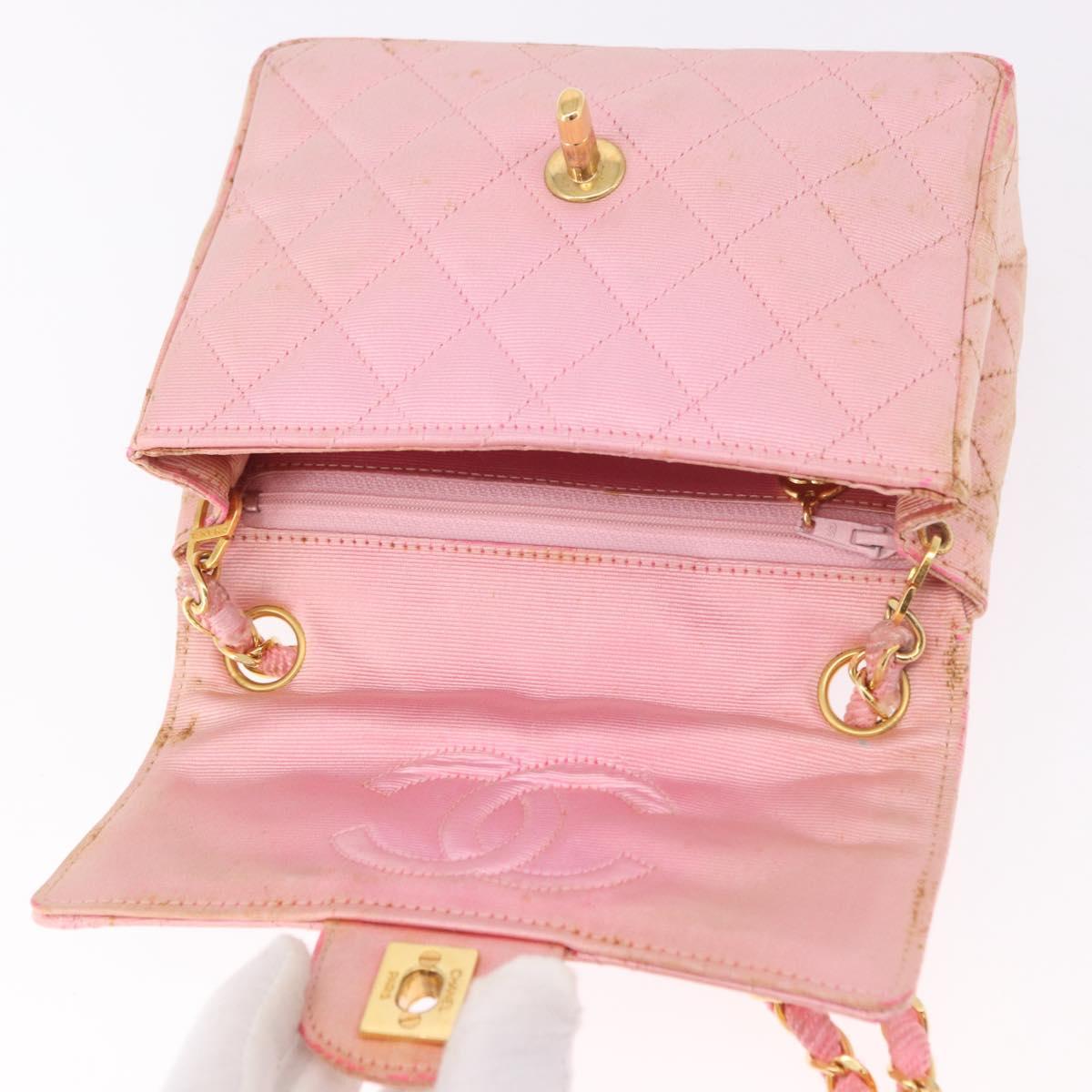 CHANEL Mini Matelasse 18 Chain Shoulder Bag Canvas Pink Gold CC Auth 191614