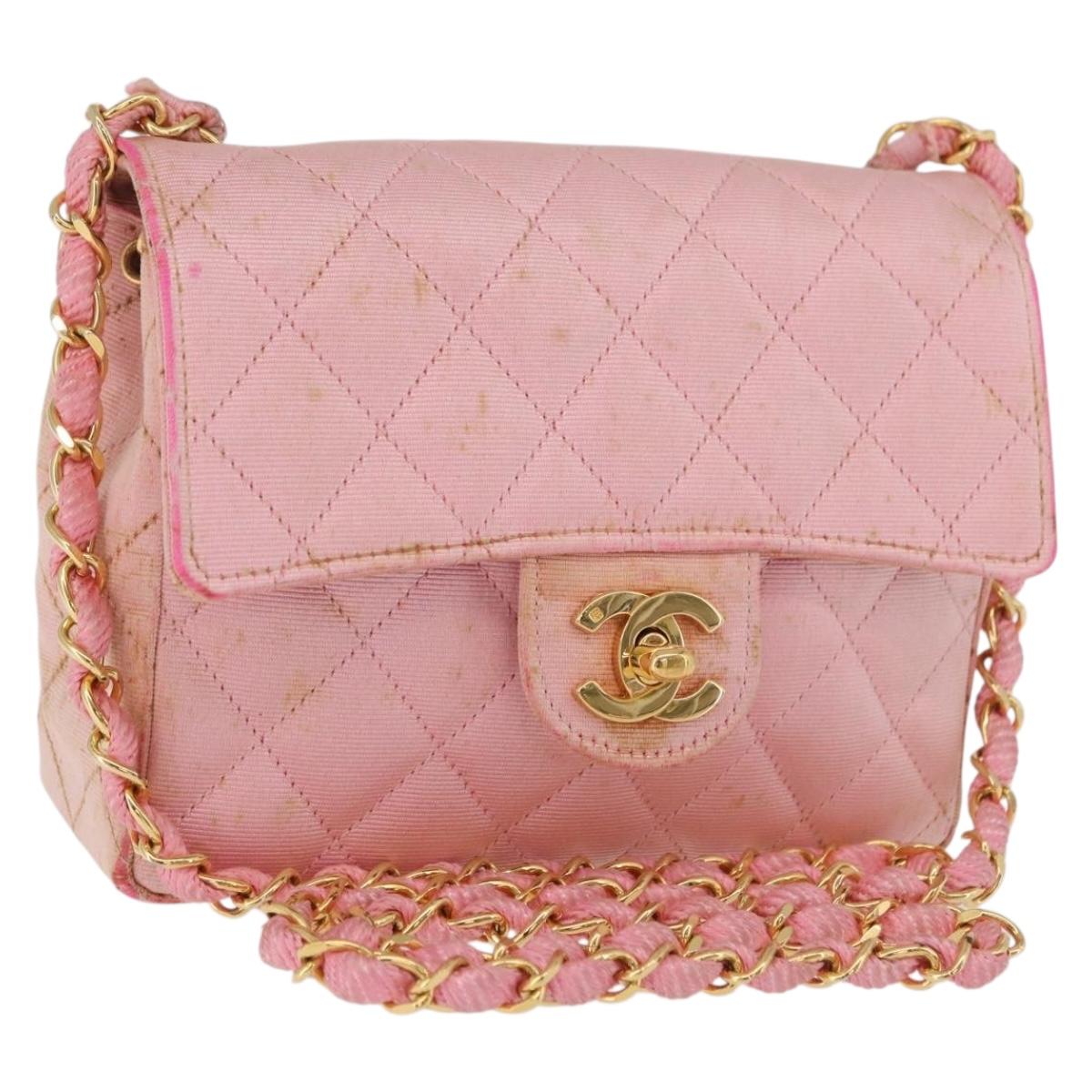 CHANEL Mini Matelasse 18 Chain Shoulder Bag Canvas Pink Gold CC Auth 191614